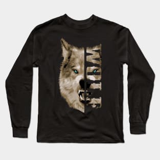 Wolf Head Vector Design- Wolf Text Graphic Long Sleeve T-Shirt